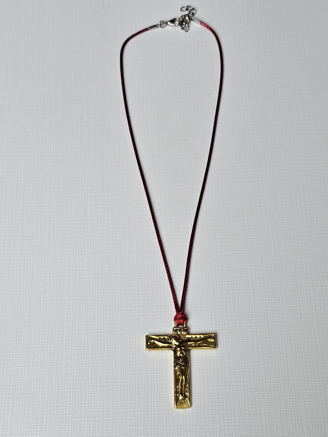 Necklace red waxed cord with large gold cross crucifixion of Christ