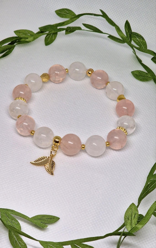 Bracelet Jade blanc et Quartz rose de 1,2 cm.