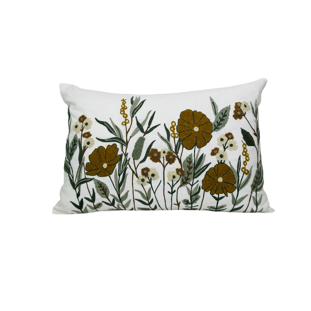 Embroidered Floral Cushion Mustard &amp; White