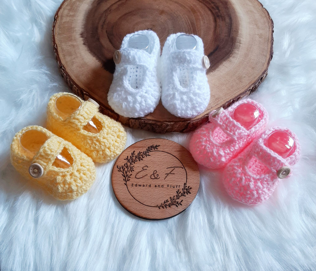 Handmade crochet Mary Jane style baby shoes for ages 0-3 months