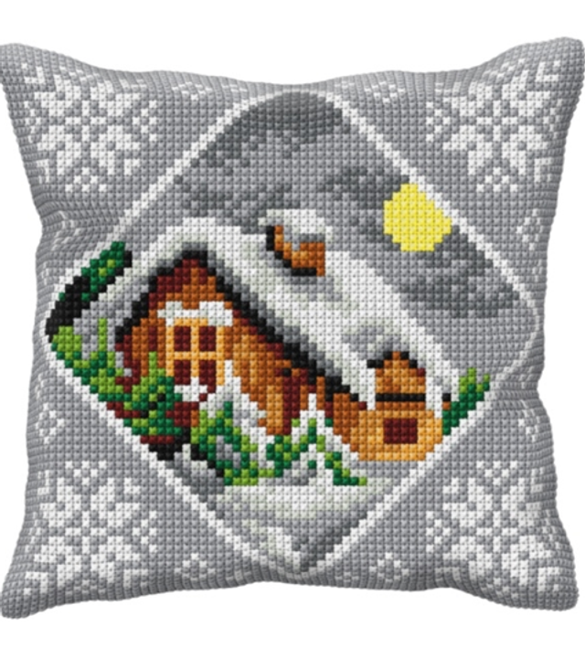 Stickkissen Haus im Schnee
