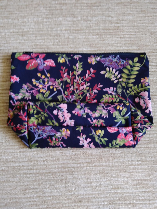 Box/Wash/Cosmetic Bag, Navy Floral Cotton print Fabric with Pink Waterproof Lining