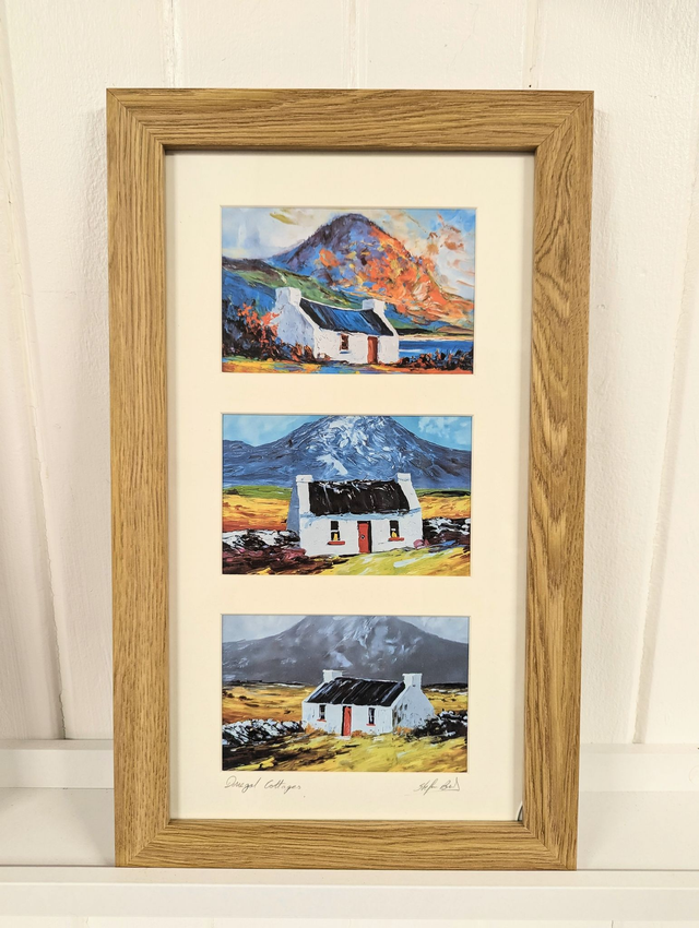 Framed print of Donegal cottages, with three donegal cottage prints.