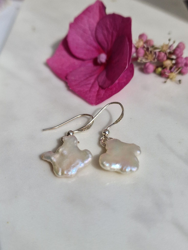 Keshi Unique &amp; Natural Freshwater Pearl earrings with recycled 925 silver. Approx pearl size 17x16mm but will vary due to the nature of these pearls.