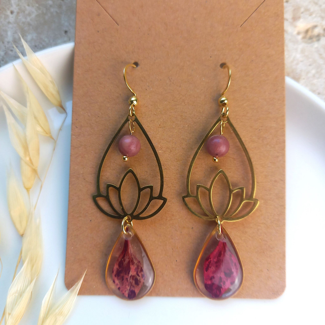 Boucles d'oreilles ∙ doré Lotus goutte de Berberis et pierre de Rhodonite