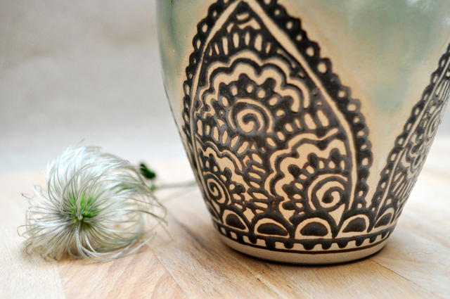 Large Stoneware Mug with Henna Mandala Patterns, handmade ceramics, colorful art mug in turquoise green colors