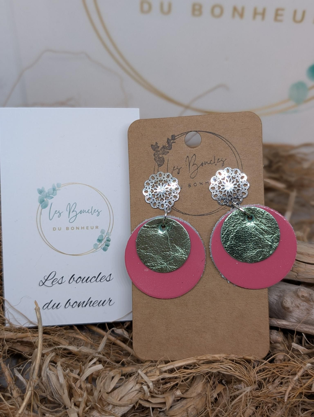 Boucles d&#039;oreilles Moon rose vert d&#039;eau mo010