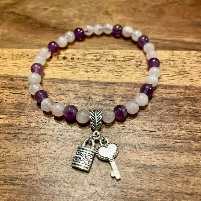 Amethyst &amp; Rose Quartz key &amp; lock charm 7.5” bracelet 