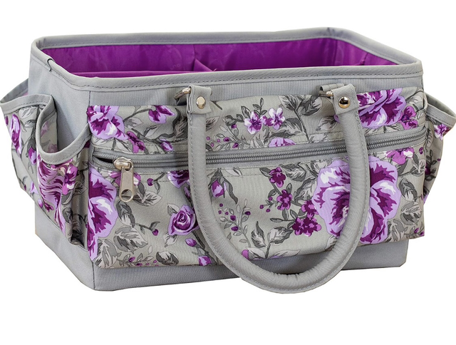 Deluxe Tote Case-Floral Crafting Storage Bag-Grey &amp; Purple,