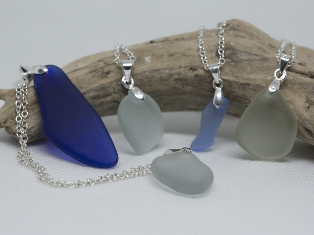 Sea glass pendant necklaces with white gold plated chain