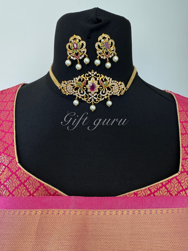 Temple Peacock Choker with Ruby Green Stones &amp; Pearl Hangings – Matching Earrings