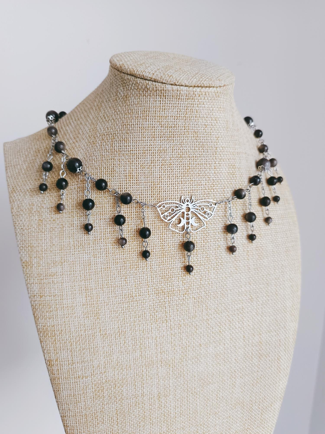 COLLIER - FLY ME TO THE MOON (argenté/obsidienne argentée)