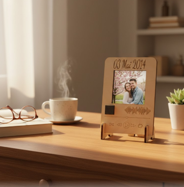 Cadre photo en bois 9x13 cm avec prénom, date et QR code – Cadeau couple sur mesure