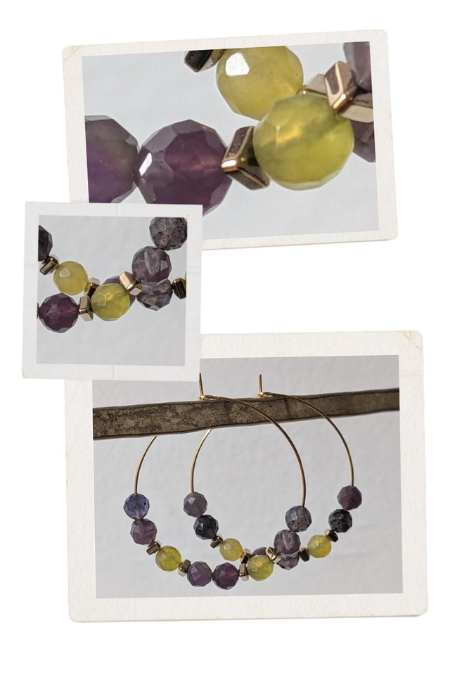 Créoles améthyste et jade: pierres naturelles, acier inoxydable doré -sans nickel, pièce unique 