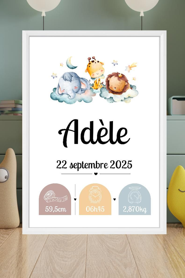 Toile de naissance personnalisée encadrée – Cadeau de naissance unique – Décoration chambre bébé – Souvenir doux et poétique