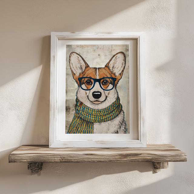 Corgi Dog In Glasses Mixed Media Art Print A4