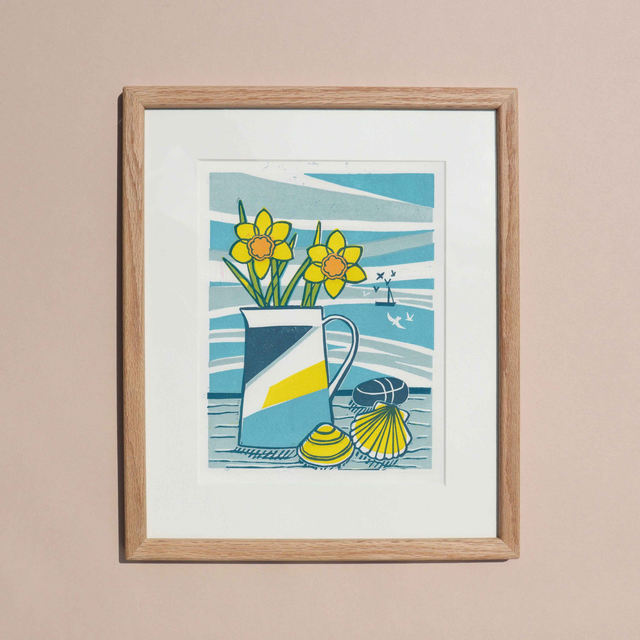 Coastal Daffodils Linocut Print - framed