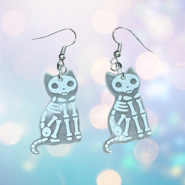 Cat Skeleton Earrings - Frosted