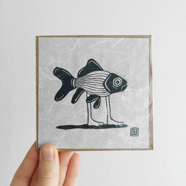 Walking Fish Linocut Print - Linocut - Handprinted Illustration