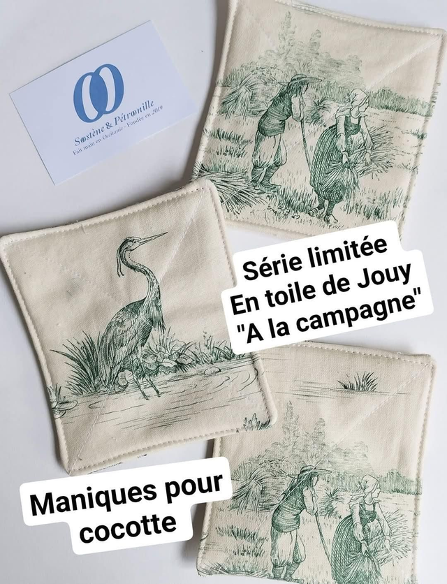 Maniques spécial cocotte - toile de Jouy verte 