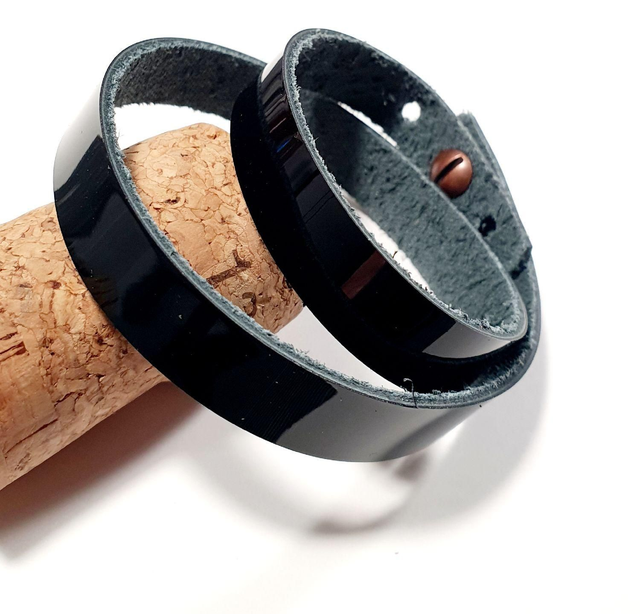 Double - Bracelet en cuir noir vernis