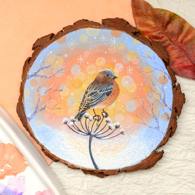 &quot;Frosty Morning &amp; Festive Chirping&quot; acrylic painting on wood