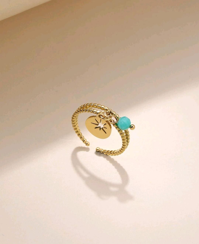 Bague en Turquoise, breloque - ajustable - couleur or - en acier inoxydable 