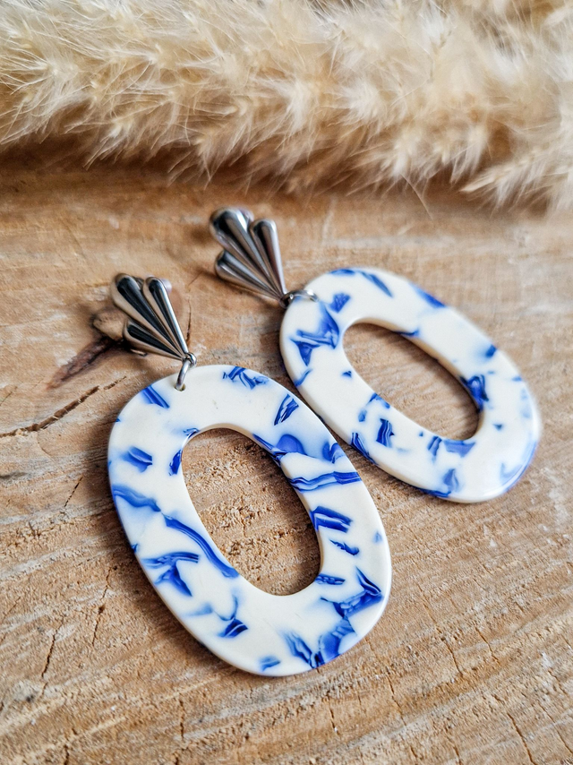 Boucles d'oreilles "Ovales" - Modèle argenté et marbré bleu et blanc