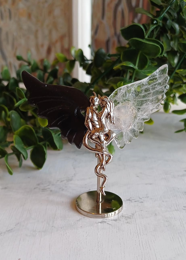 Agate &amp; Clear Quartz Angel and Demon Lover Wings on stand