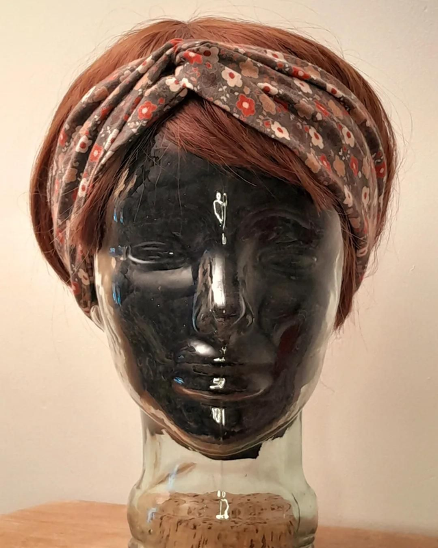 Bandeau torsadé fleurs marrons/bordeaux 