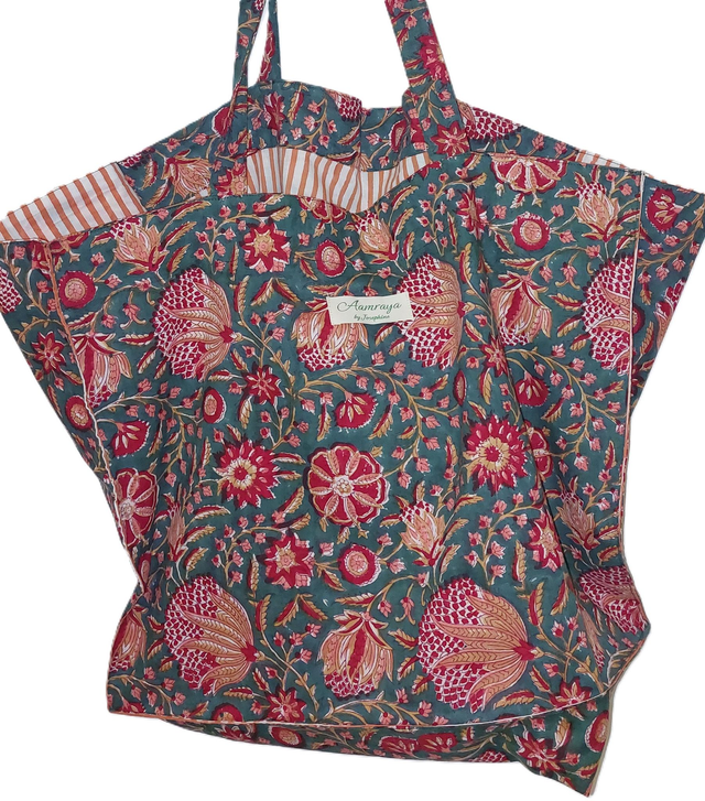 Grand sac cabas vert, rouge, rose en coton imprimé à la main au block print - Doublure en coton rayé - Tote bag - Confectionné en Inde