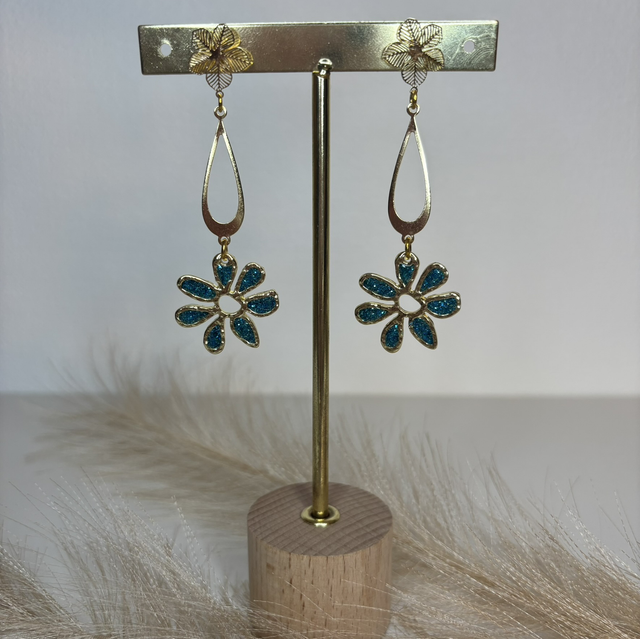 Boucles d’oreilles fleurs bleues pailletées