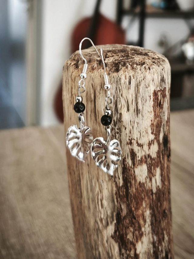 Boucles d'oreilles Obsidienne feuilles