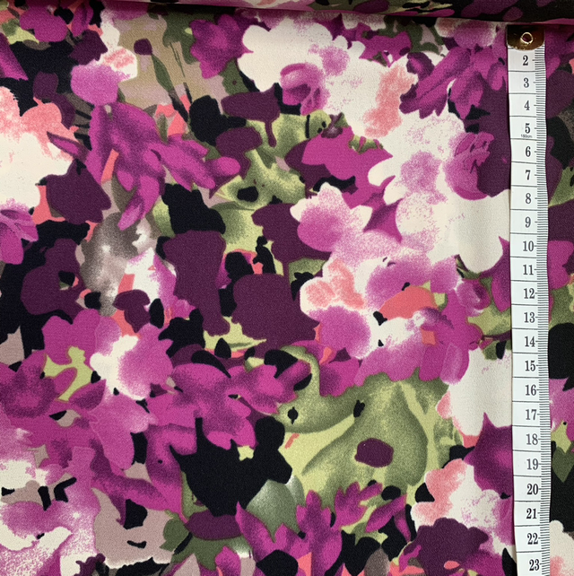Floral polyester crepe in cerise, green and black