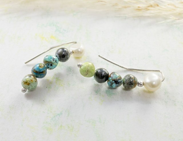 Pendientes trepadores de plata 925 con piedras turquesas y perla