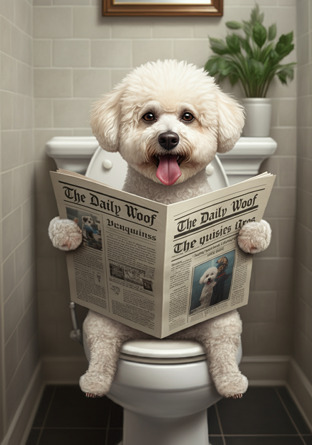 Bichon on the Toilet Framed Canvas