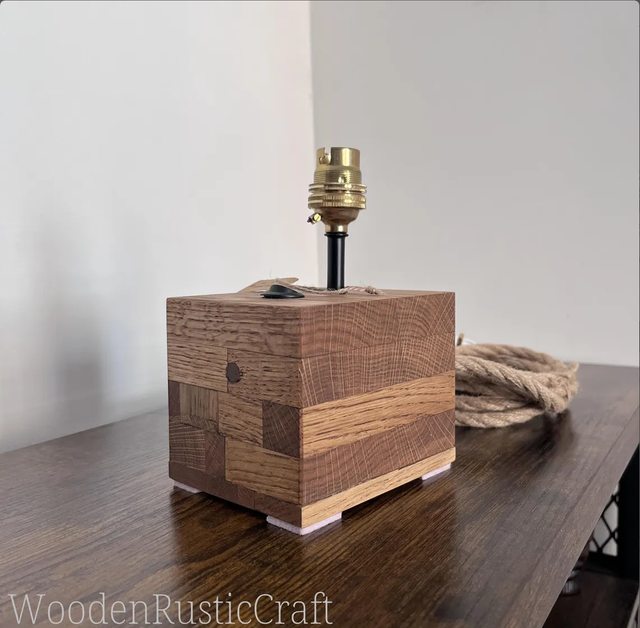 Country Style Solid Oak Lamp Base — Vintage Brass Fitting
