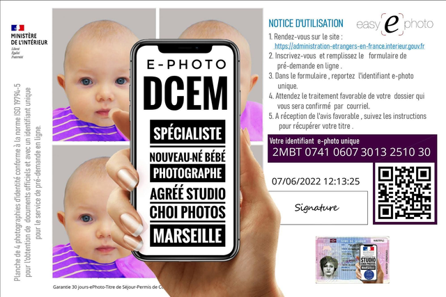 CODE E-PHOTO Bébé âgé jusqu'à 20 JOURS  DCEM "Document de Circulation Étranger Mineur"
