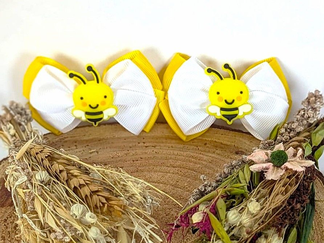 🐝 Yellow &amp; White Bee Bow Tie Hair Clips (Pack of 2)