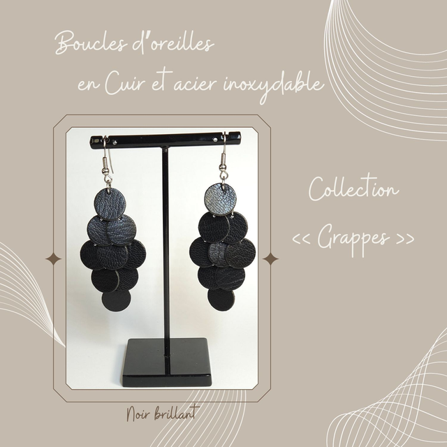 Boucles d&#039;oreilles Grappe en cuir - Noir brillant