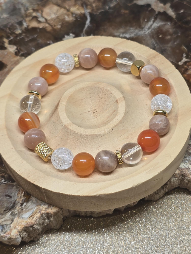 Bracelet Cornaline, Pierre de lune, Cristal de roche en 1 cm