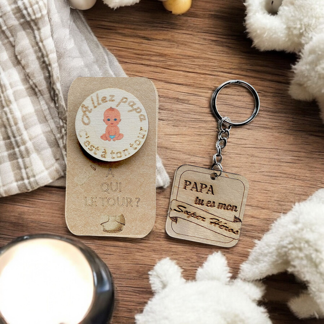 Porte-clés personnalisé en bois + Jeton de décision en bois pile ou face  &quot;A qui le tour ?