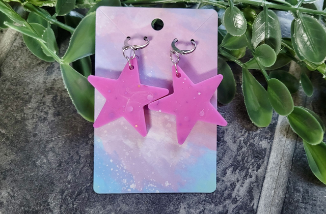Earrings | Pink Glitter and Swirls Stars | Stainless Steel Hoops