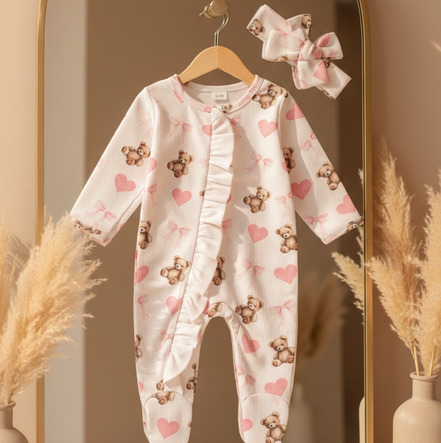 Baby Girls Frilly Bum Sleepsuit &amp; Headband