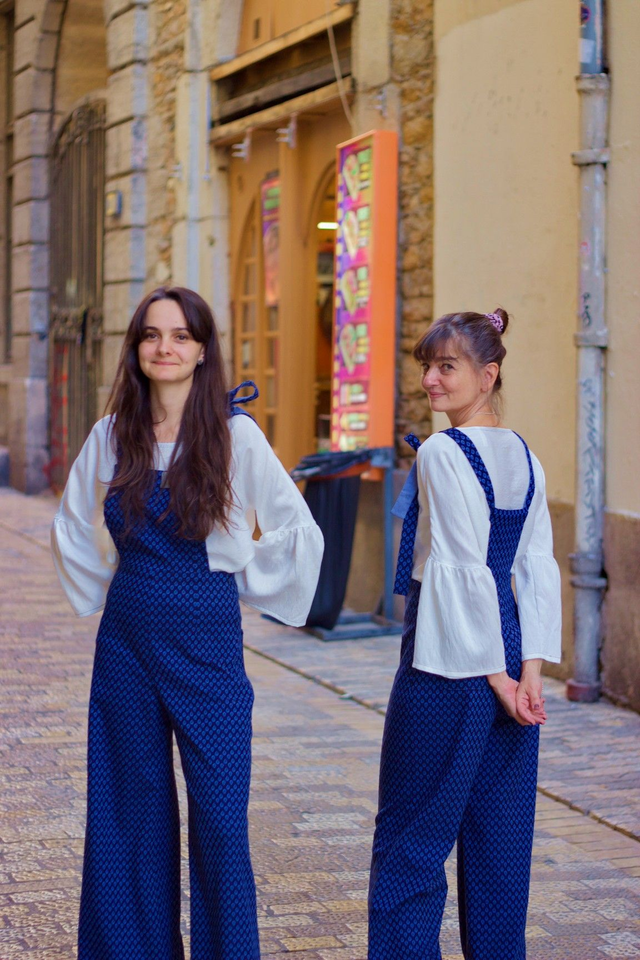  Salopette à liens jacquard viscose gouttes bleu