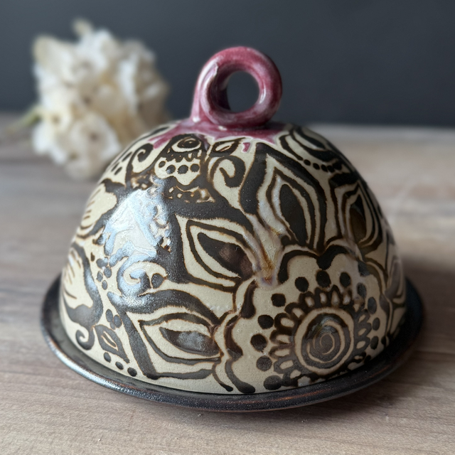 Butter Dish Cheese Cover with hand-painted henna patterns