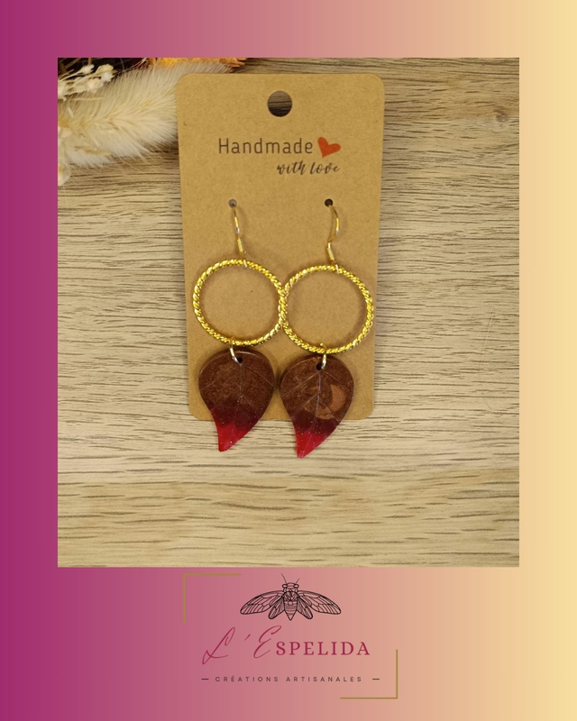 Feuilles résine rouges et bronze, avec anneaux dorés