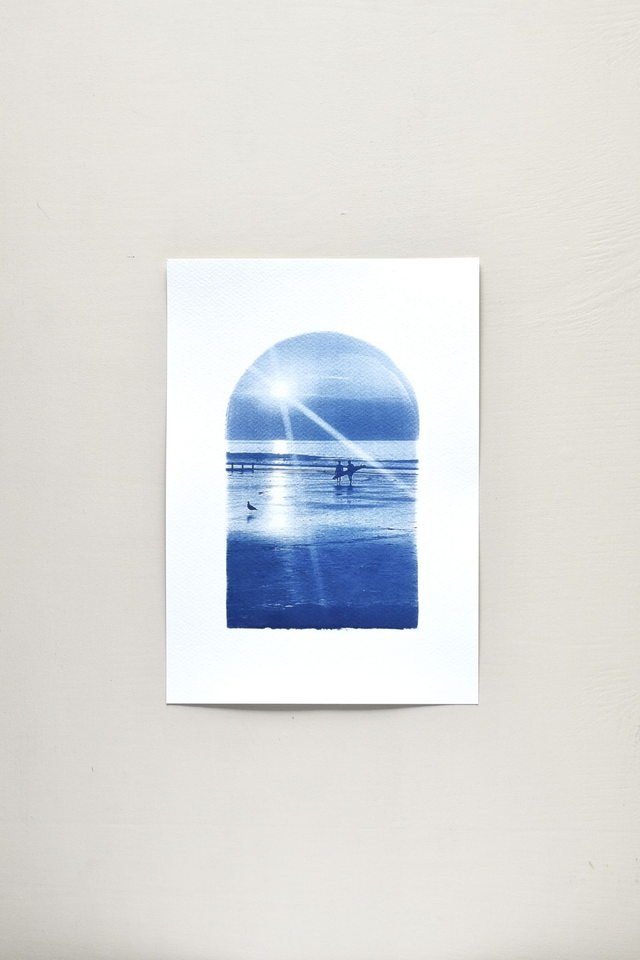 Affiche cyanotype photo de surf - Coucher du soleil, Saint-Malo