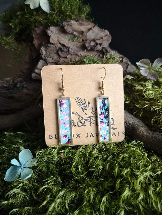 Boucles d'oreilles - crochets - papier washi - fleurs - laiton - rectangle - La&Titia 