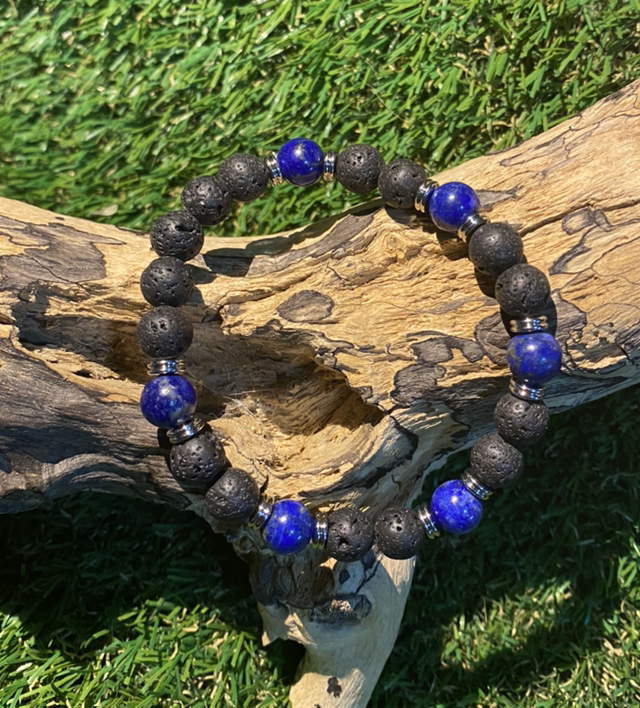 Bracelet Lapis Lazuli et Pierre de lave en perles 8mm 